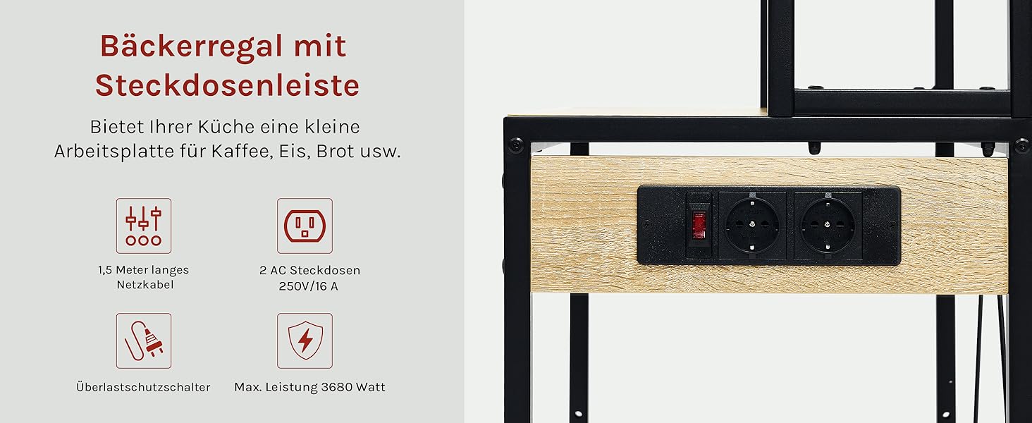 Кухонна полиця WOLTU з 6 ярусами, з розетками, для мікрохвильової печі, з металевим каркасом, регульовані полиці, Чорний+Рустикальний коричневий, 60 x 167 x 40 см