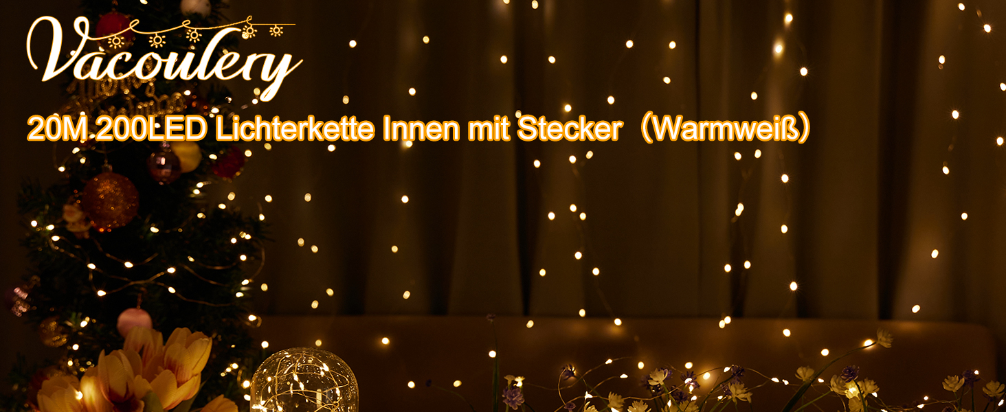 LED гірлянда світлодіодна 23м, 200 LED, струмова, водонепроникна, таймер, 8 режимів, для декору приміщень та вулиці, на Різдво, Великдень, вечірку, Кімнатна гірлянда, Кількість: 1 шт, Колір: Холодне біле світло