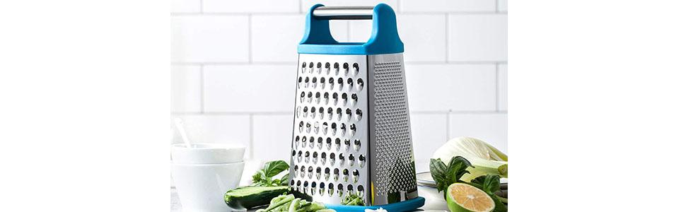 Трока для тертя з нержавіючої сталі, кухонна тертка для грубого та дрібного натирання, для фруктів, овочів, моркви, сиру, придатна для миття в посудомийній машині - Світло-блакитна