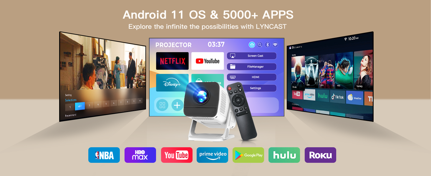Портативний проєктор LYNCAST з Wi-Fi та Bluetooth, Android 11, 1080P/4K, поворотний на 180°, для домашнього кінотеатру та на відкритому повітрі (VisualCube 300 White)
