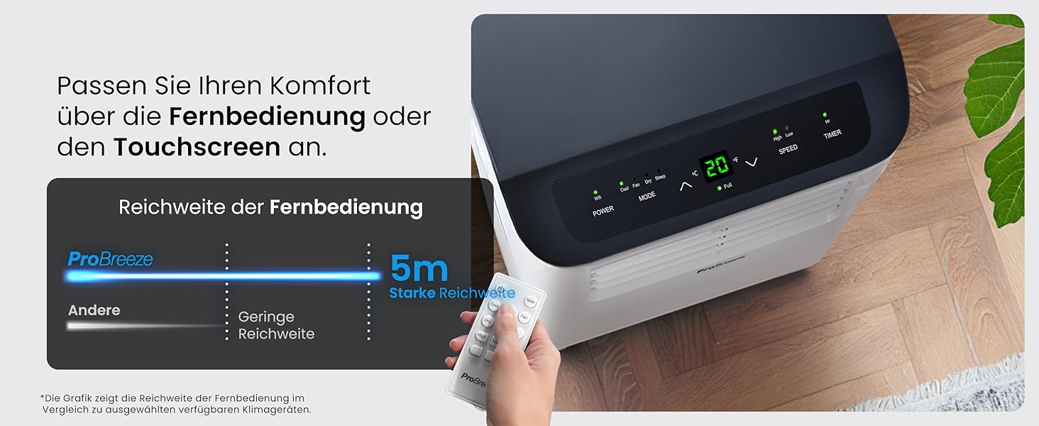 Мобільний кондиціонер Pro Breeze™ 4-в-1: охолоджувач, вентилятор, осушувач повітря, нічний режим, клас енергоефективності A, комплект ущільнювача для вікна, пульт дистанційного керування та таймер 24 години, білий (12000 BTU, Smart App)