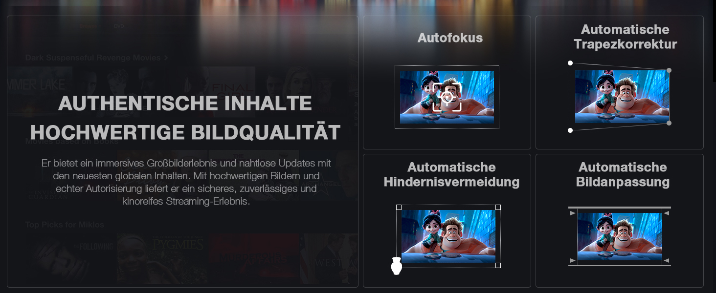 Міні-проектор 4K VOPLLS з автофокусом та корекцією трапецеїдальних спотворень, Full HD 1080P, WiFi6, Bluetooth, для дому та на вулицю, чорний