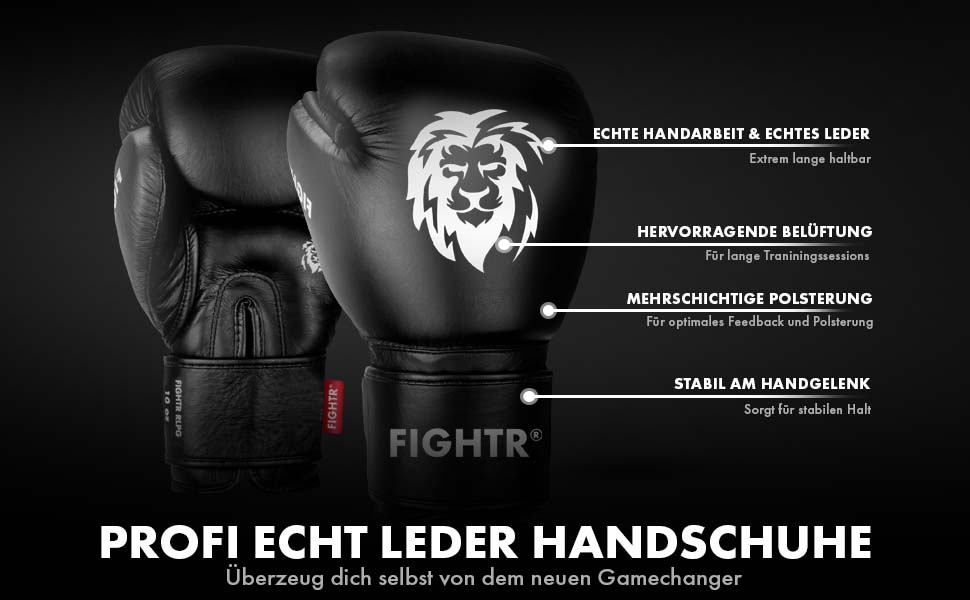 Боксерські рукавички FIGHTR® Pro з натуральної шкіри для чоловіків та жінок | для боксу, ММА, муай-тай, кікбоксингу та єдиноборств | 10, 12, 14 унцій | з сумкою (Чорний)