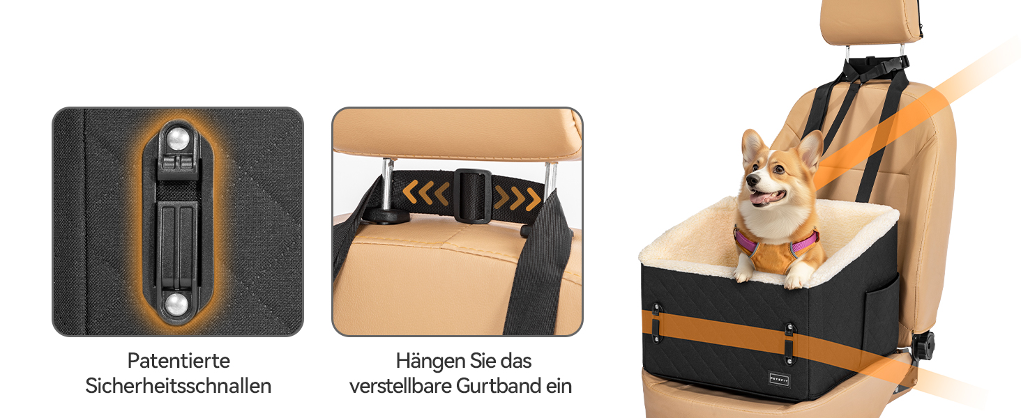 PETSFIT Автокрісло для собак, підняте на 12.5 см, для собак до 12 кг, чорний колір, знімний плюшевий чохол, безпечне кріплення