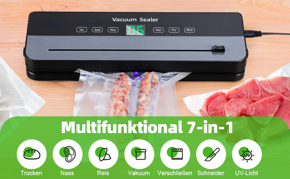 Вакуумний пакувальник Obecilc 7-в-1 з ріжучим ножем, 65 кПа, сухий/вологий режим, 10 пакетів, для дому та ресторану