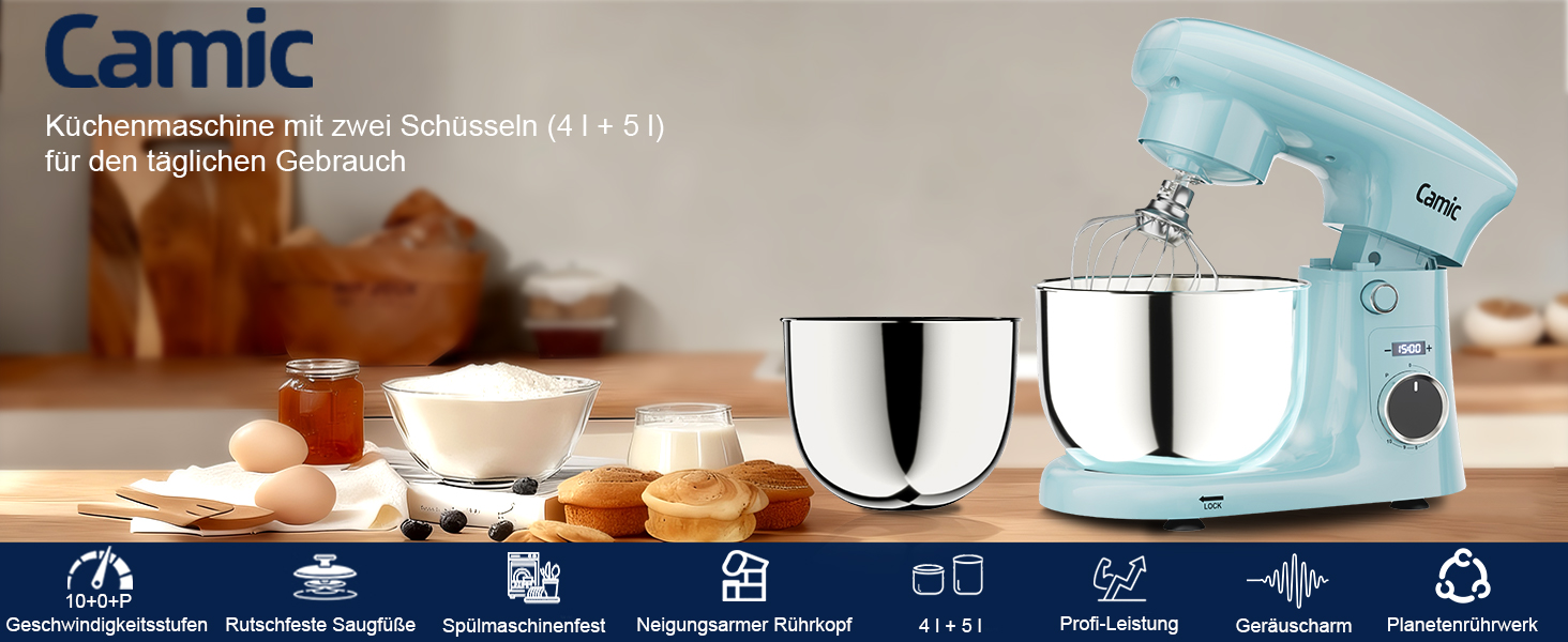 Кухонний комбайн-міксер Camic з LED-дисплеєм, 10 швидкостями та 2 чашами з нержавіючої сталі (4Л та 5Л), набір з 3 аксесуарів для тіста, хліба та тортів, синій