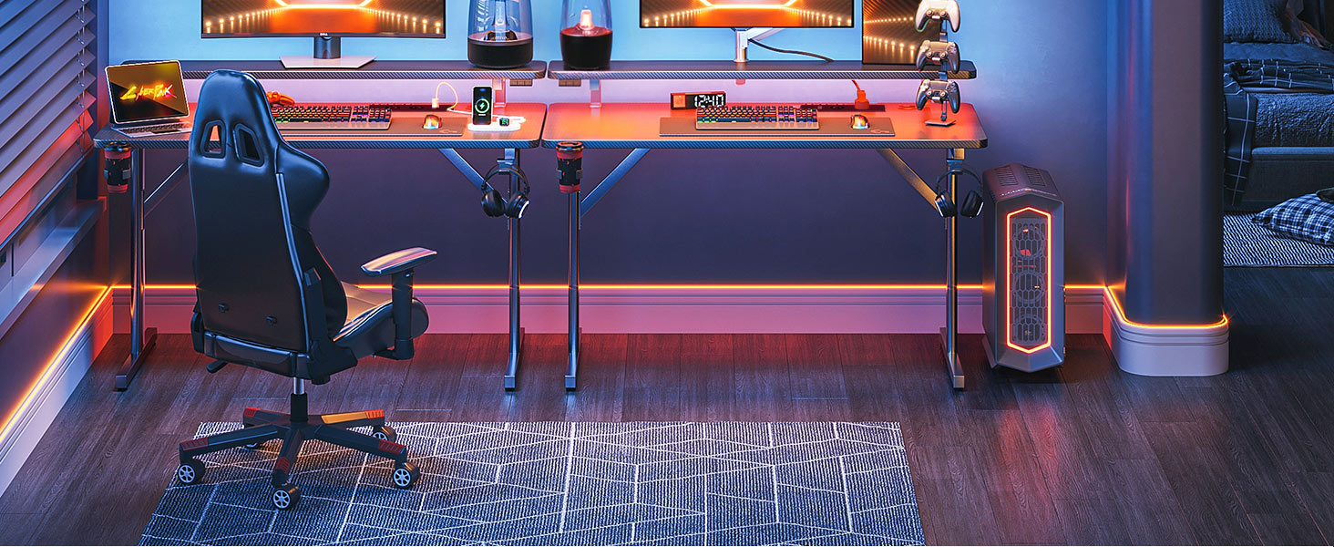 Small LED Gaming Desk with Power Outlets - 80cm Carbon Fiber PC Gamer Table