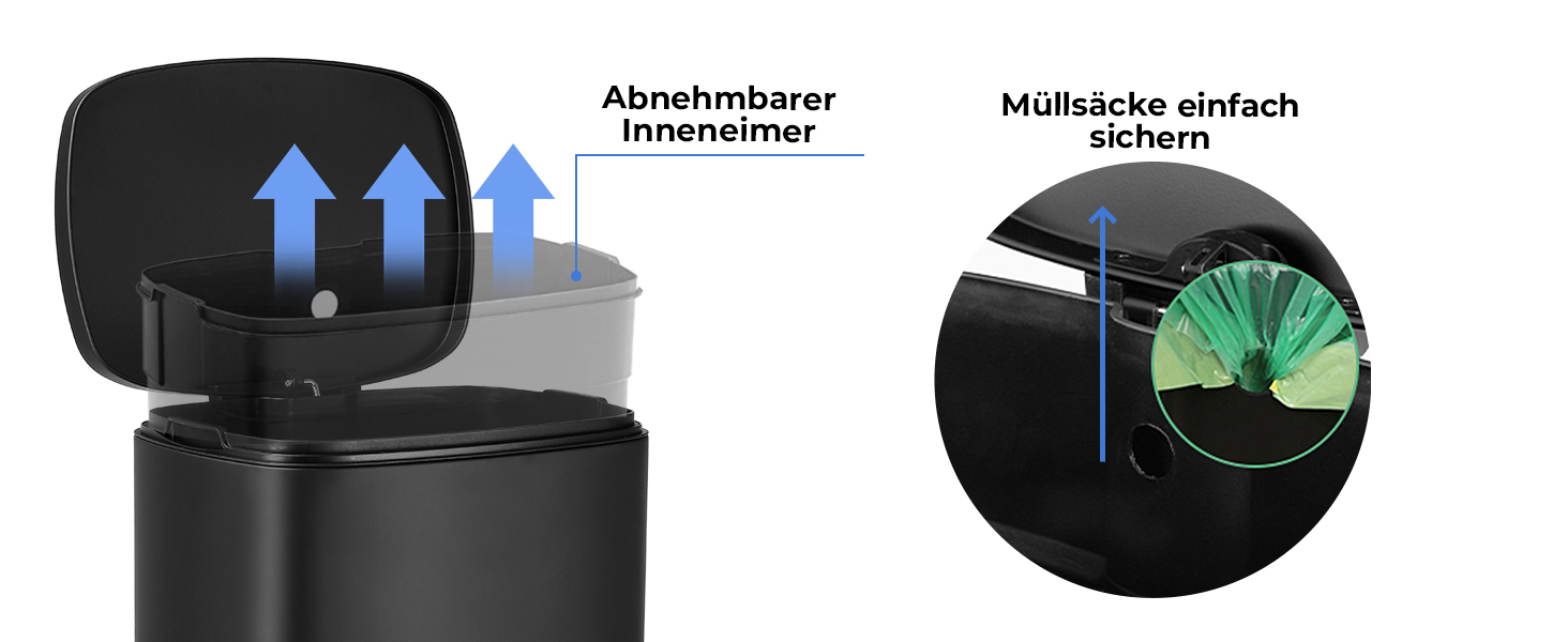 Відро для сміття LIFERUN 30л з кришкою, з м'яким закриттям, сталеве, з внутрішнім відром, для кухні, ванної кімнати, офісу, чорне