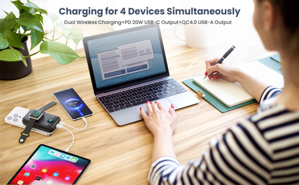 Power Bank магнітний 10800mAh з підтримкою MagSafe, 4-в-1, з зарядкою для Apple Watch, QC4.0+PD 22.5W USB-C, швидка зарядка, LED-дисплей, чорний