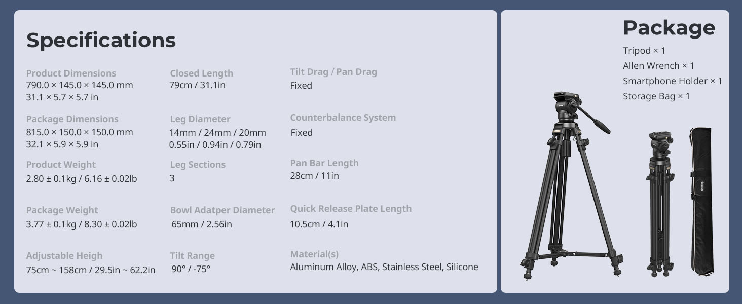 SMALLRIG штатив відео 158 см з fluid-головкою 360°, легкий штатив для камери з алюмінієвого сплаву, QR-плата, підйомний трос, для DSLR, відеокамер, 5 кг, AD-50Lite - 4684