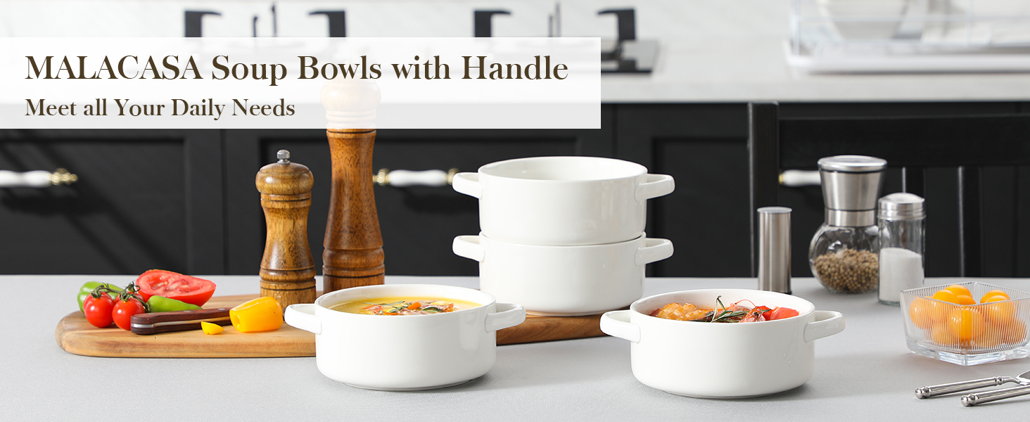 MALACASA Набір супових тарілок з ручками, 800 мл, 4 шт, порцеляна, білий, для французької цибулевої супи, каші та рагу
