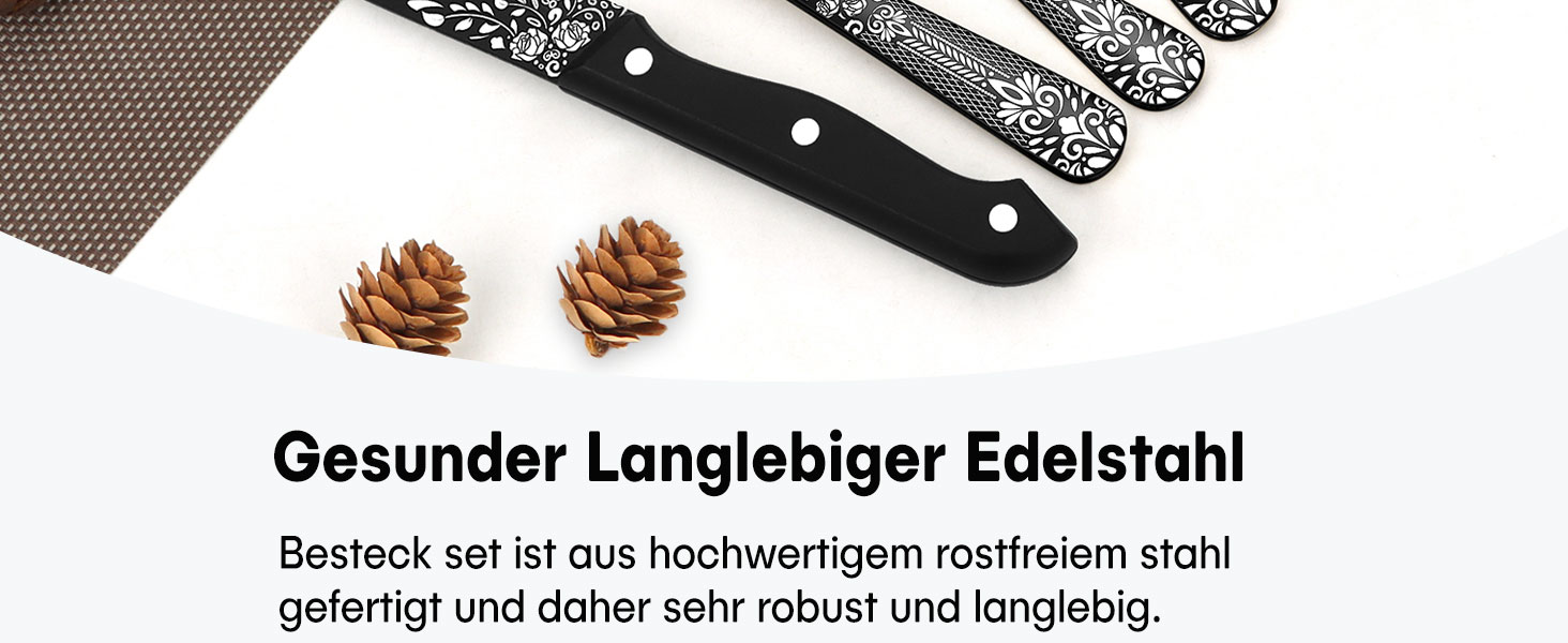 Набір столових приборів HONKKU, 36 предметів, чорний, нержавіюча сталь, з набором ножів для стейка, для 6 осіб