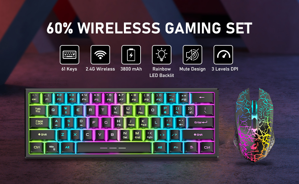Kabellos Gaming Tastatur und Maus Combo Set: Бездротова ігрова клавіатура та миша, 2.4 GHz, 3800 mAh, тиха, 61 клавіша, компактна, Rainbow LED підсвічування, 2400 DPI, 6 кнопок, чорний