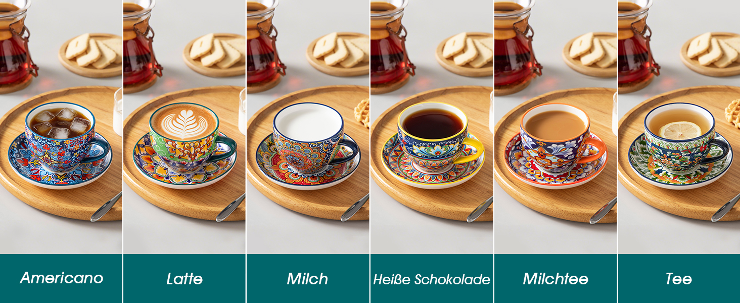 Набір кавових чашок капучино Vancasso SIMI (6 шт.) з блюдцями, 240 мл - фарфоровий посуд для 6 осіб, мікрохвильова піч, богемський стиль