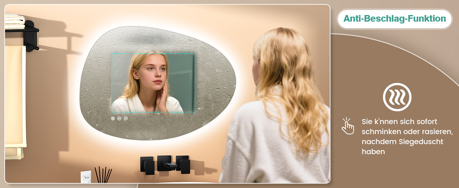 Дзеркало з підсвічуванням Asymmetrischer LED 75x55 см з сенсорним вимикачем – антизапар, 3 кольори світла, регулювання яскравості та функція пам'яті, чорний (горизонтальне/вертикальне), без рамки