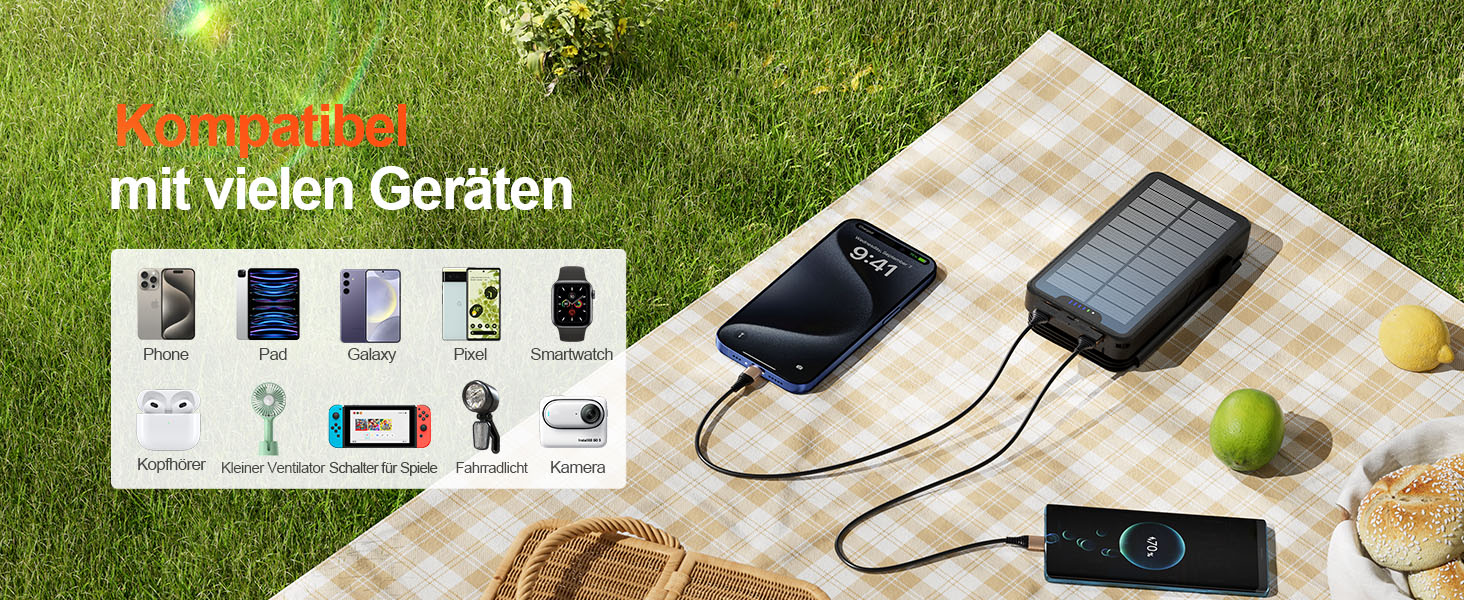 Сонячний павербанк 26800mAh elzle з 2 USB-A виходами та 1 USB-C входом, вологостійкий зовнішній акумулятор з 4 сонячними панелями та ліхтариком для смартфонів, планшетів, кемпінгу, чорний