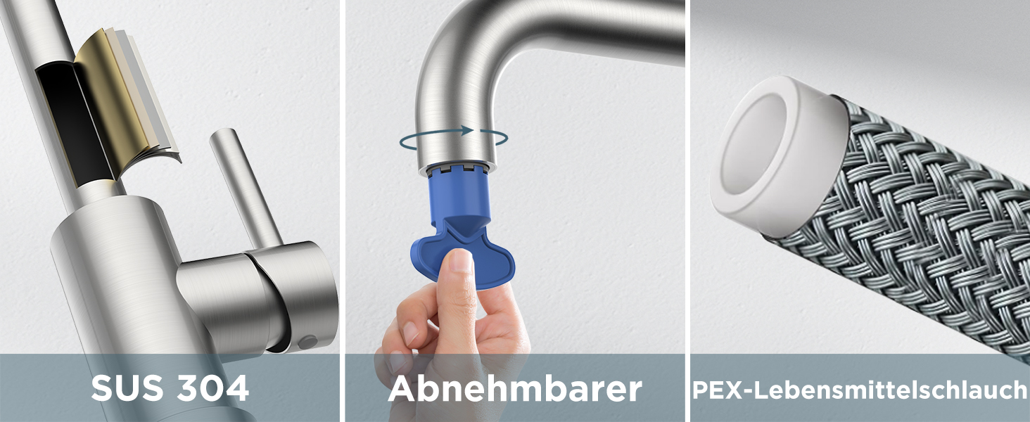 Змішувач для кухні FORIOUS з поворотним гусаком 360°, однорідний, з нержавіючої сталі, для встановлення в 1 отвір