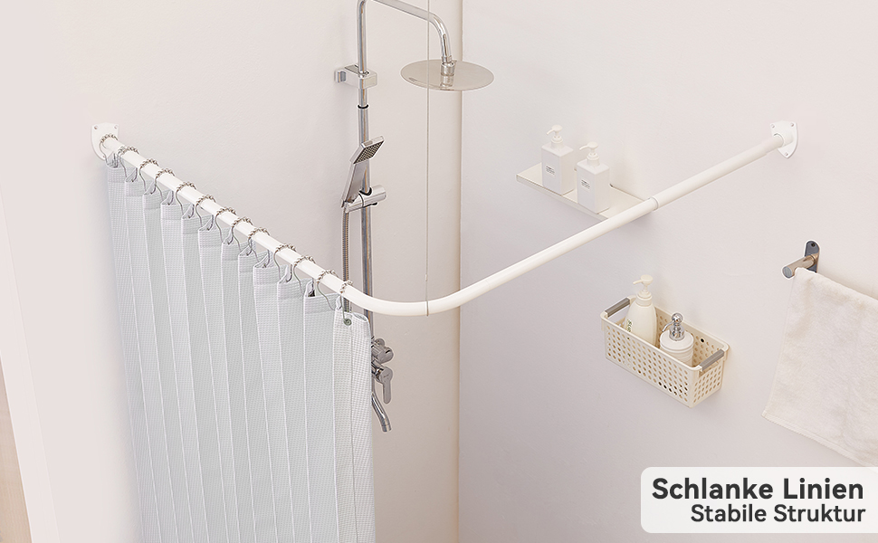 Штанга для душу L-подібної форми, регульована, з 12 кільцями та опорою для стелі, для ванни/ванної кімнати, білий, 60-130см x 60-130см