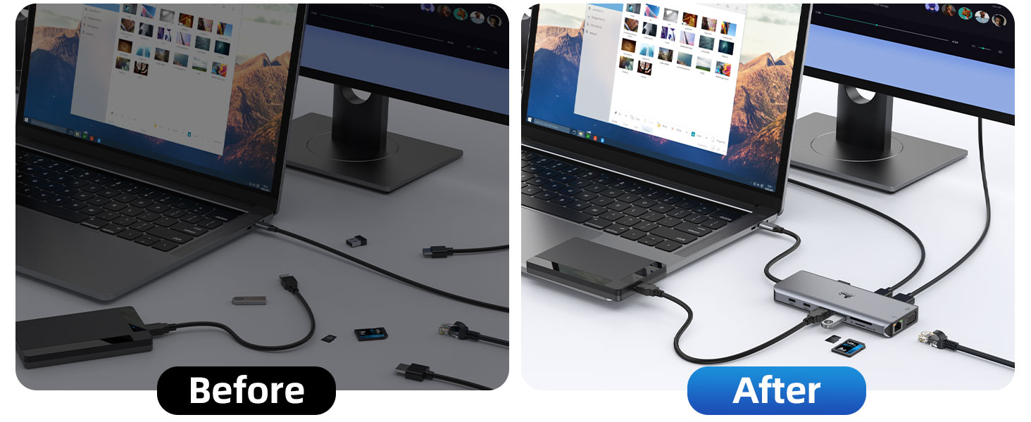 Док-станція USB-C для ноутбука з підтримкою 2 моніторів (Dual Monitor), 8 в 1: HDMI, DisplayPort, Ethernet, PD 100W, USB 3.0, сумісна з Dell, HP