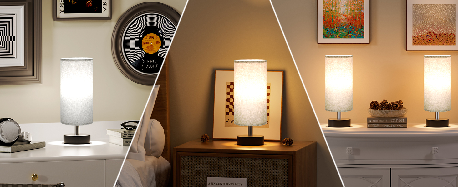 Настільна лампа Kakanuo з 3 режимами кольору, біла, з вимикачем, абажур з льону, для вітальні, спальні, офісу, дитячої кімнати (LED лампа в комплекті), колір: білий+чорний (сірий+чорний)