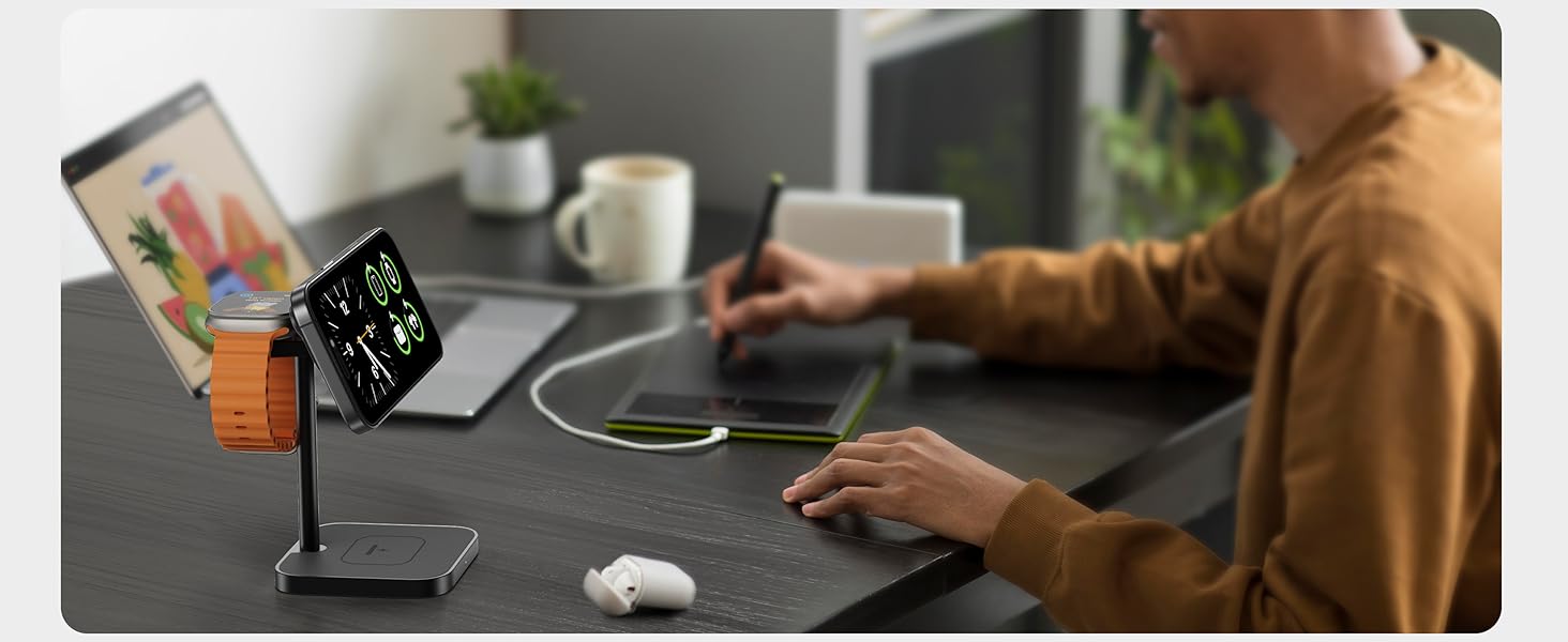 Станція зарядки LULULOOK Qi2 MagSafe 3-в-1 з алюмінію для Apple Watch та iPhone, 15W швидка зарядка для iPhone 17 Pro Max/17 Pro/17 Air/17, 5W для Apple Watch Ultra, AirPods, Титан (Чорний)