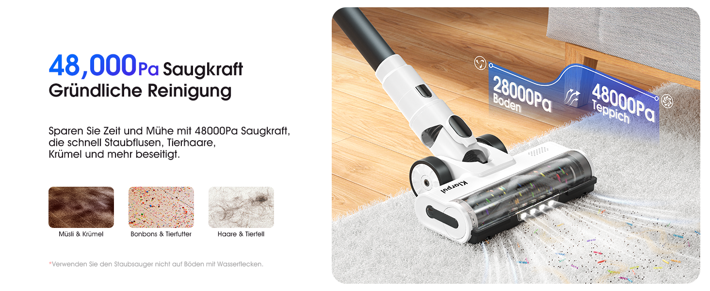 Бездротовий пилосос Klarpul 4800Pa з LED-дисплеєм та антизаплутувальною насадкою, 65 хвилин роботи, швидка зарядка 2 години, для твердих поверхонь та килимів, срібний