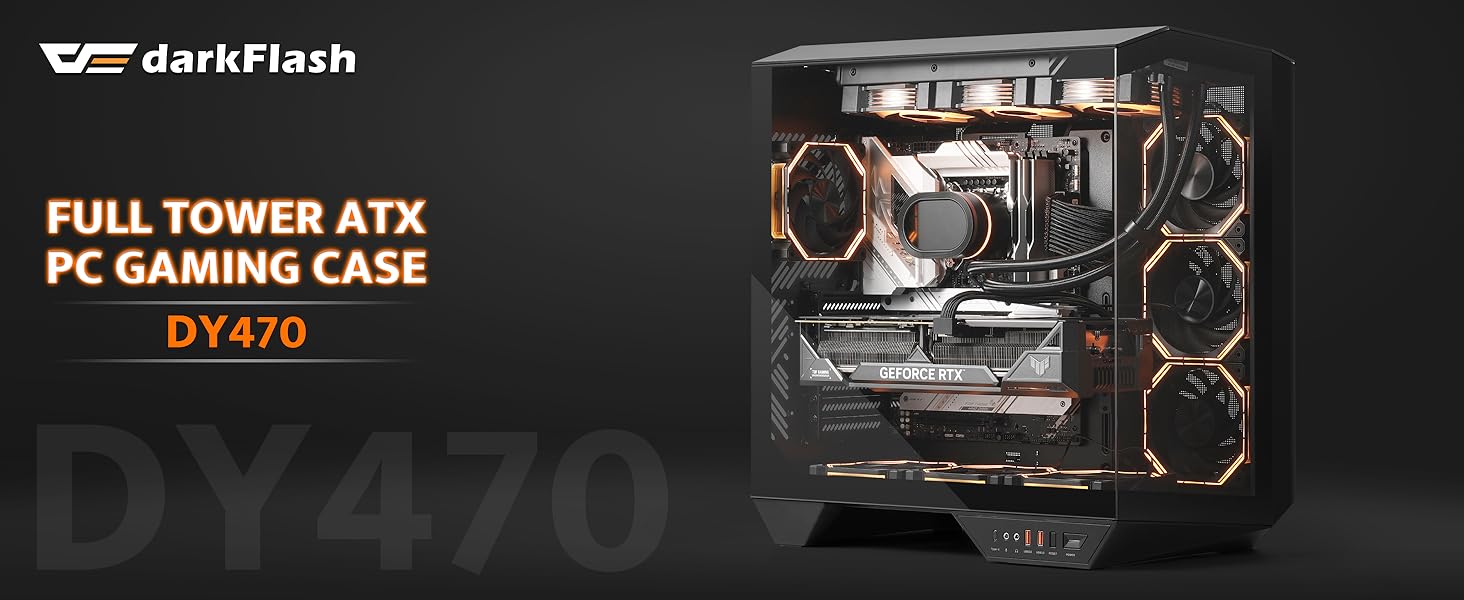 darkFlash DY470 - Корпус для ігрового ПК Full-Tower ATX з 4 PWM-ARGB вентиляторами, підтримка RTX 40, 2 камери, панорамне скло, радіатори до 360 мм (білий)