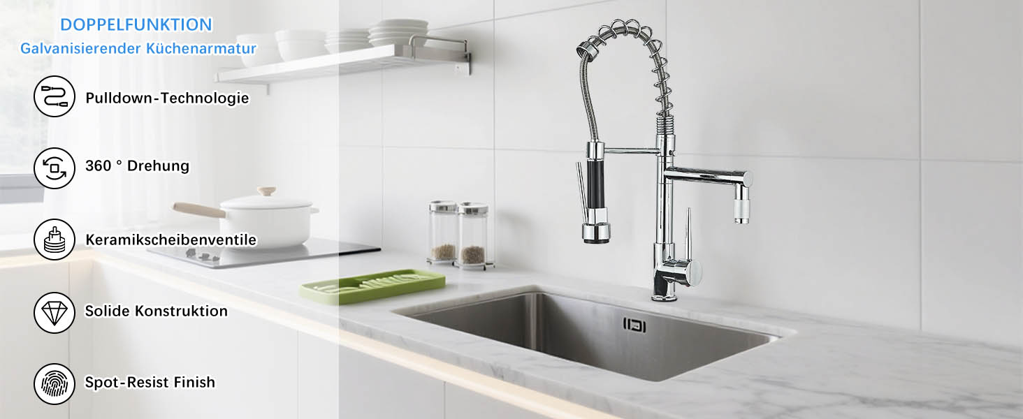 Кухонний змішувач з гнучким виливом, 360° поворот, 2 виходи, високий вилив, душова лійка, для мийки, брашований нікель