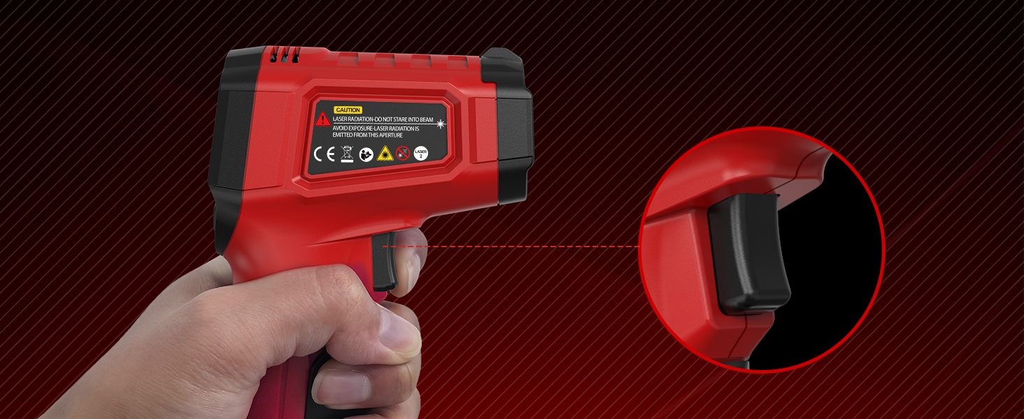 Інфрачервоний термометр SQECH з лазером, -50℃~600℃, регульований емісійний коефіцієнт, кольорова підсвітка, для кухні, піца-печі, холодильника, промисловості (червоний)