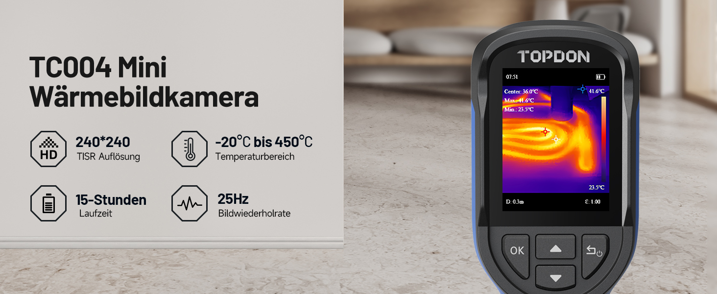 TOPDON TC004 Міні тепловізор, 240x240 IR-роздільна здатність, ручний тепловізійний прилад, 15 годин роботи від акумулятора, частота оновлення 25 Гц, діапазон температур -20℃ до 450℃, високий/низький температурний тригер, чорно-синя палітра