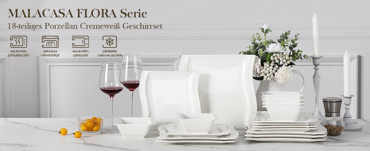 MALACASA Flora Marble Porcelain Dinnerware Set - 30 Piece Combination Set with Coffee Cups, Saucers, Dessert Plates, Soup Plates & Dinner Plates (White)