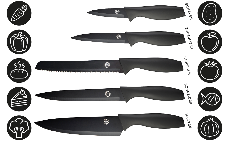 MasterChef 5-Piece Knife Block Set - Stainless Steel Chef's, Santoku, Bread, Utility & Vegetable Knives with Soft-Touch Grips