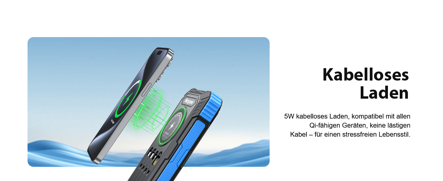 Сонячний павербанк 26800 mAh з 4 кабелями, USB-C, Qi, LED-ліхтарик, для телефонів, планшетів та кемпінгу