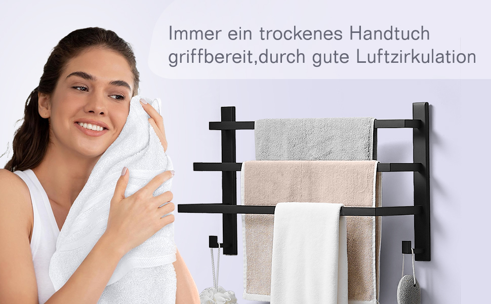 Тримач для рушників без свердління для ванної кімнати | Без бактерій | Приховані шурупи | Тримач для рушників з гачками - нержавіюча сталь SUS 304, чорний