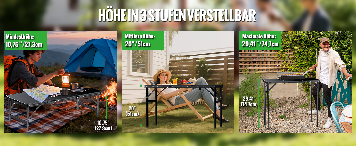 Складний кемпінговий стіл GARLLEN 60x40 см, регульована висота (27/51/75 см), чорний - для пікніка, саду, балкону, пляжу
