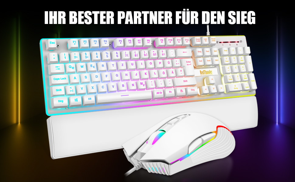 RedThunder K10 Ігровий Набір Клавіатура та Миша, QWERTZ DE-розкладка, Металева Пластина та Підставка для Руки, RGB-підсвічування та 7D, Ергономічний для ПК Геймерів (Білий)