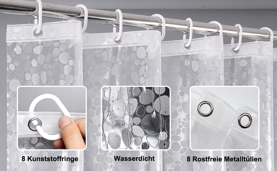 Шторка для душу EurCross 120x200 см з магнітним обтяжувачем, водонепроникна, прозора, EVA, миється, антигрибкова, з 8 кільцями, 3D-візерунок, H200 x B120 см