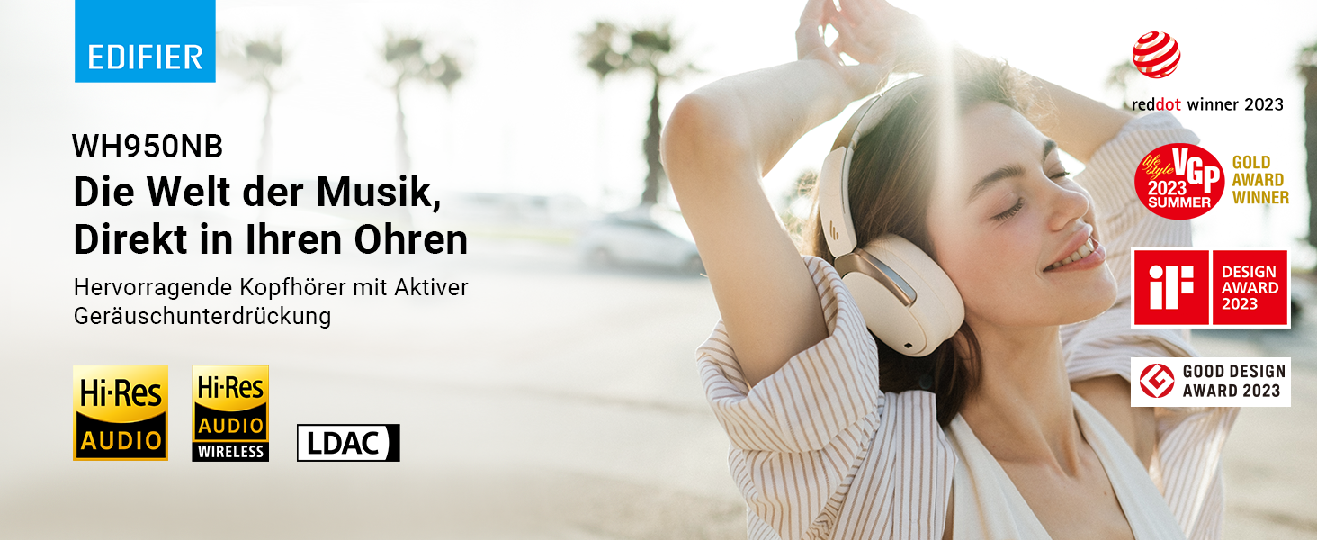 Edifier WH950NB навушники з активним шумозаглушенням: Bluetooth V5.3, LDAC, Hi-Res Audio, 55 годин роботи, складна конструкція, білий колір