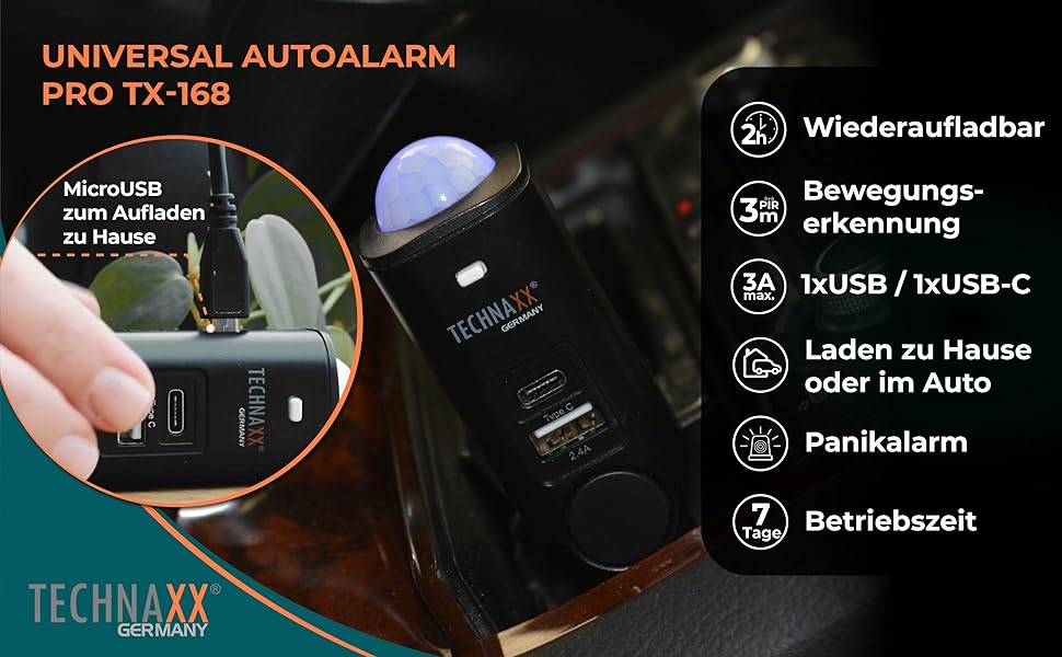 Сигналізація Technaxx TX-168 для авто, будинку, човна – 105 дБ, зовнішня сирена, кнопка тривоги, PIR-датчик руху, 2 USB, автономна робота 7 днів, легкий монтаж