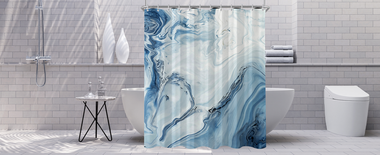 Штора для душу 180x200 см з утяжеленим краєм, антигрибкова, водовідштовхувальна, поліестер, з кільцями (Блакитний градієнт мармуру)