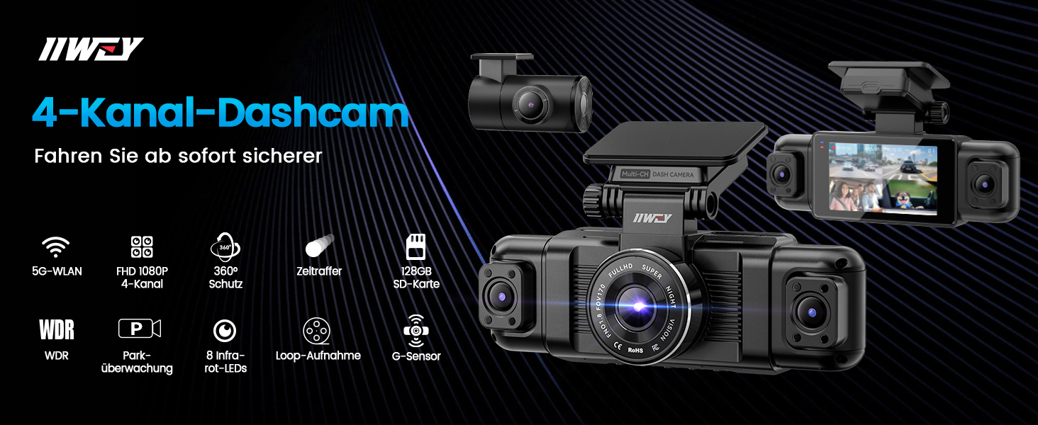 Автомобільний відеореєстратор IIWEY N5 4-канальний 360° 1080P (передній, задній, внутрішній, бічні камери) з нічним баченням, G-сенсором, режимом паркування, 5G Wi-Fi та SD-картою 128ГБ