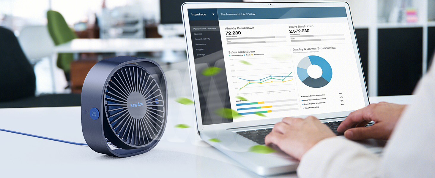 EasyAcc USB вентилятор: мініатюрний, тихий, настільний, 3 швидкості, 360° оберт, для офісу, дому. 2 роки гарантії (Marineblau, прямокутний)