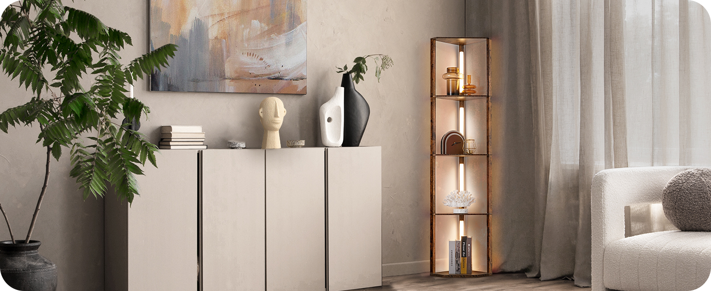 LED торшер EDISHINE з 4 дерев'яними полицями, регульоване освітлення, 3 колірні температури, поворотний світловий стержень, підсвічування полиць, футовий вимикач, вінтажний коричневий