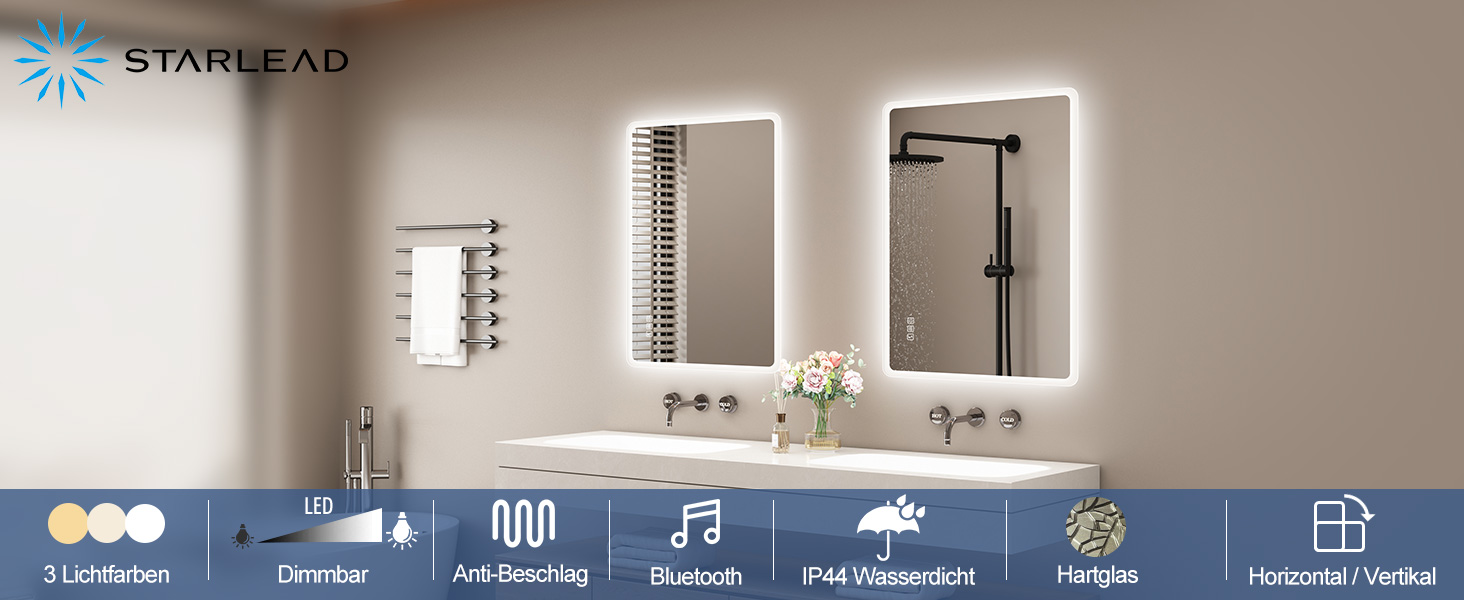 Дзеркало для ванної кімнати зі підсвічуванням STARLEAD 100x70 см, Bluetooth, антизапар, регулювання яскравості, 3 кольори світла, функція пам'яті, IP44, LED, горизонтальне/вертикальне, HD скло, Madrid Silver (Bluetooth)