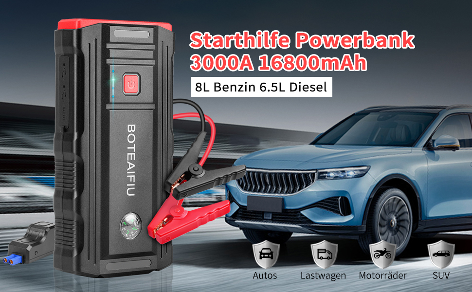 Powerbank для пуску автомобіля BOTEAIFIU Starthilfe 3000A: для бензинових двигунів до 8.0L, 12V, з LED-ліхтариком, для SUV, мотоциклів, ATV та газонокосарок