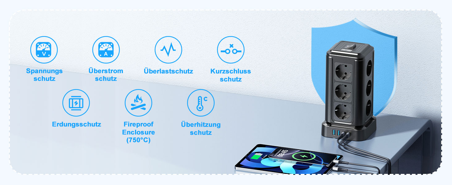 Мережевий фільтр TOPREK у вигляді вежі, подовжувач на 12 розеток з USB-C PD 20W, захист від перенапруги, 3680Вт, чорний