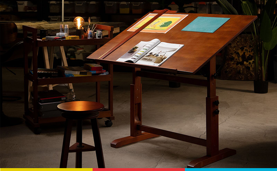 MEEDEN Vintage Wooden Art Drafting Table with Adjustable Height & Stool - 96 x 60cm
