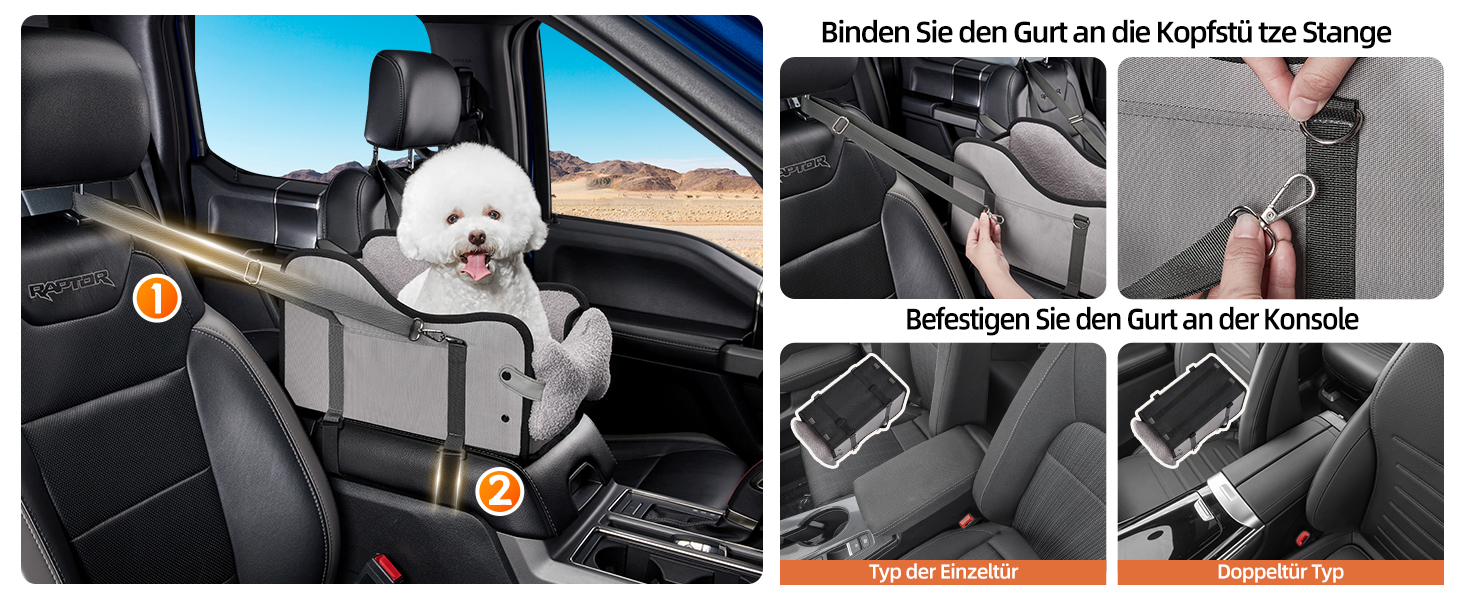 Автокрісло для собак та котів GGW | Безпечне автокрісло з подвійним кріпленням, водовідштовхувальне, з кишенями, швидка установка (сумісне з 99% підлокітників) (Сірий, стандартний стиль)