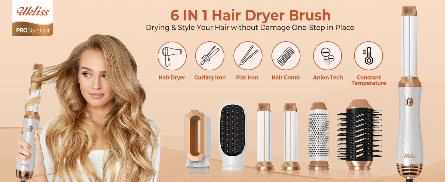 UKLISS 6-в-1 Стайлер для волосся з феном Pro, Набір для укладання волосся: плойка, випрямляч, фен, щітка для укладання, автоматична завивка, іонізація, Airbrush, подарунковий набір для жінок, блакитний (золотий)