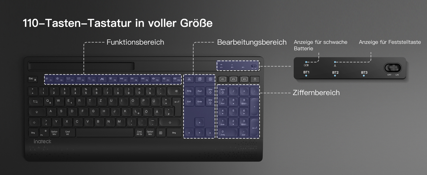 Inateck Бездротовий Комплект Клавіатури та Миші з Підсвічуванням, QWERTZ, з Підтримкою Bluetooth, з Підкладкою під Руку, для Mac, Windows, Laptop, PC, Smart TV, KB06006